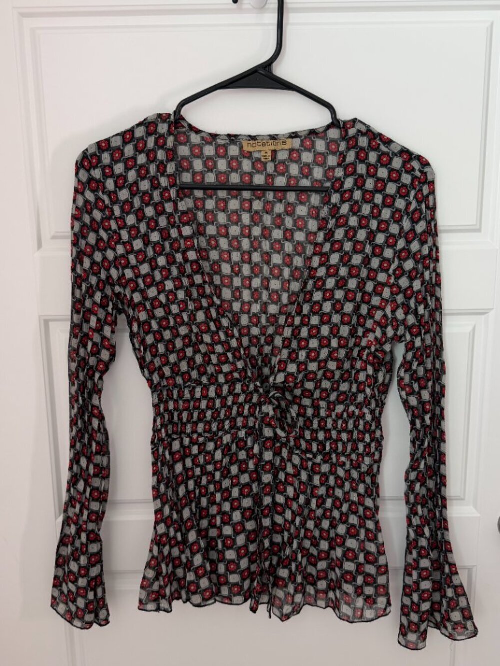 Notations Sheer Floral Tie Front Top Women’s Medium Black Red Long Boho Y2k - Picture 4 of 5